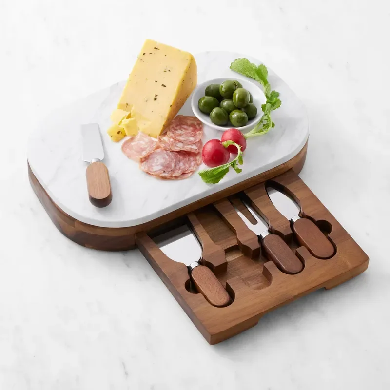 Elegant drawer design deli board white marble and Acacia wood board, cheese cutting board with knife