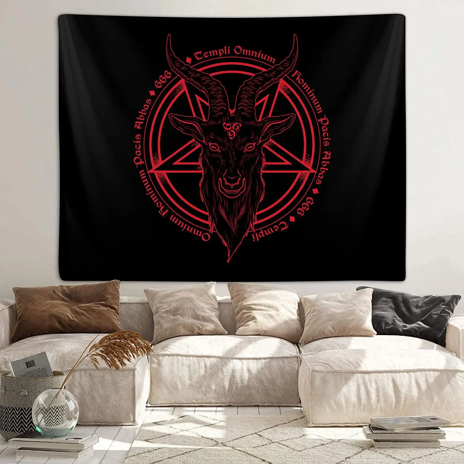Satanic Pentagram Tapestry for Bedroom, Baphomet Statue Art Goat Head Skull Pagan Tapestries Wall Hanging for College Dorm