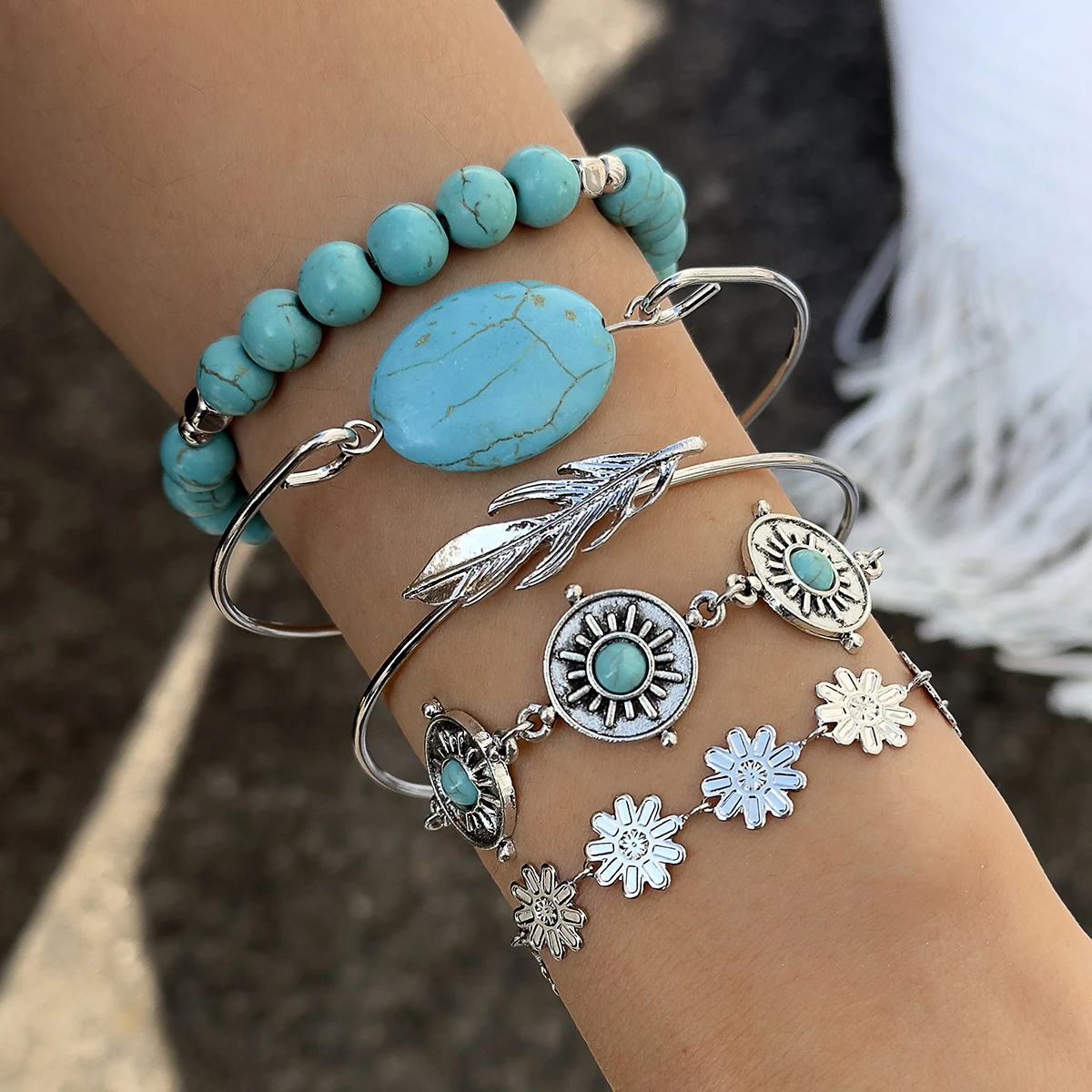 Tocona Vintage Blue Stone Butterfly Bracelet Set for Women Classic Flower Feather Bangle Adjustable Jewelry Party 5pcs/set 26428
