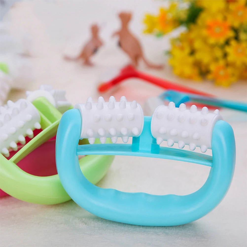 

Round Handle 2 Wheels Muscle Massage Roller Blue Plastic Manual Body Massager For Back Neck Shoulder Pain Relief Tool