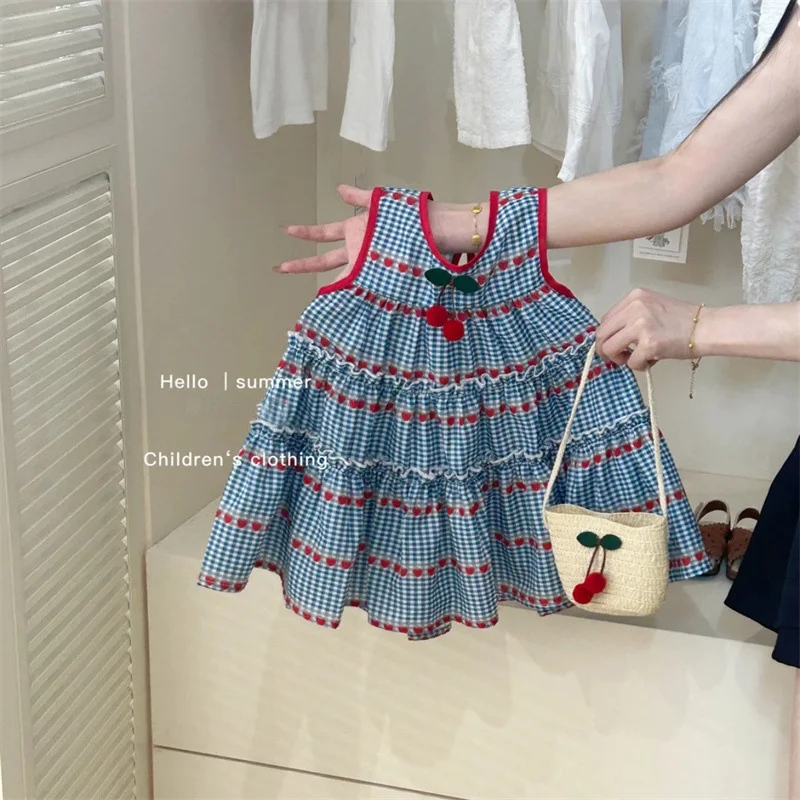 Summer Baby Girl Dress Cute Plaid Strawberry Print Sleeveless Girl Dress Sweet Cherry Girl Princess Dress With Bag