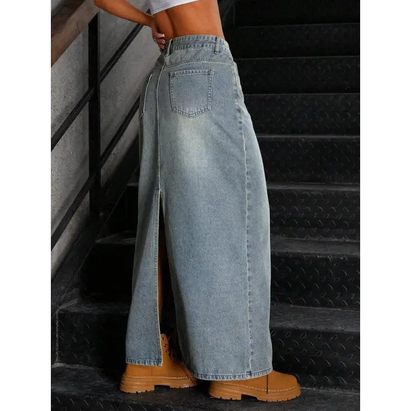 Denim Split Skirt mid Waist Design Other Fabric Batwing Shape Style for Other Occasions Cross-Border E-commerce Women's Skirt