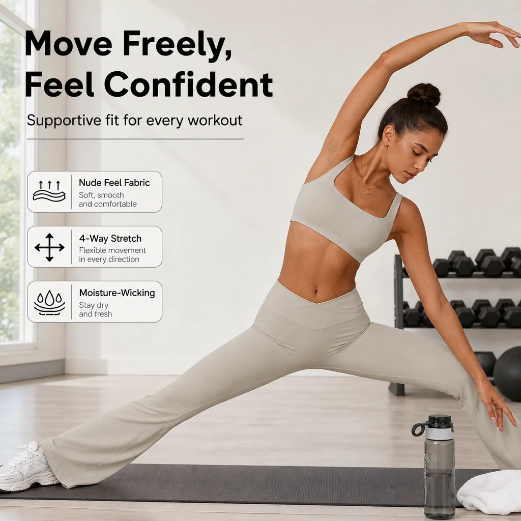 Women's Square Neck Sports Bra & Cross Waist Flare Leggings Set - Yoga Gym 2-Piece Activewear, Multiple Colors, S-XL