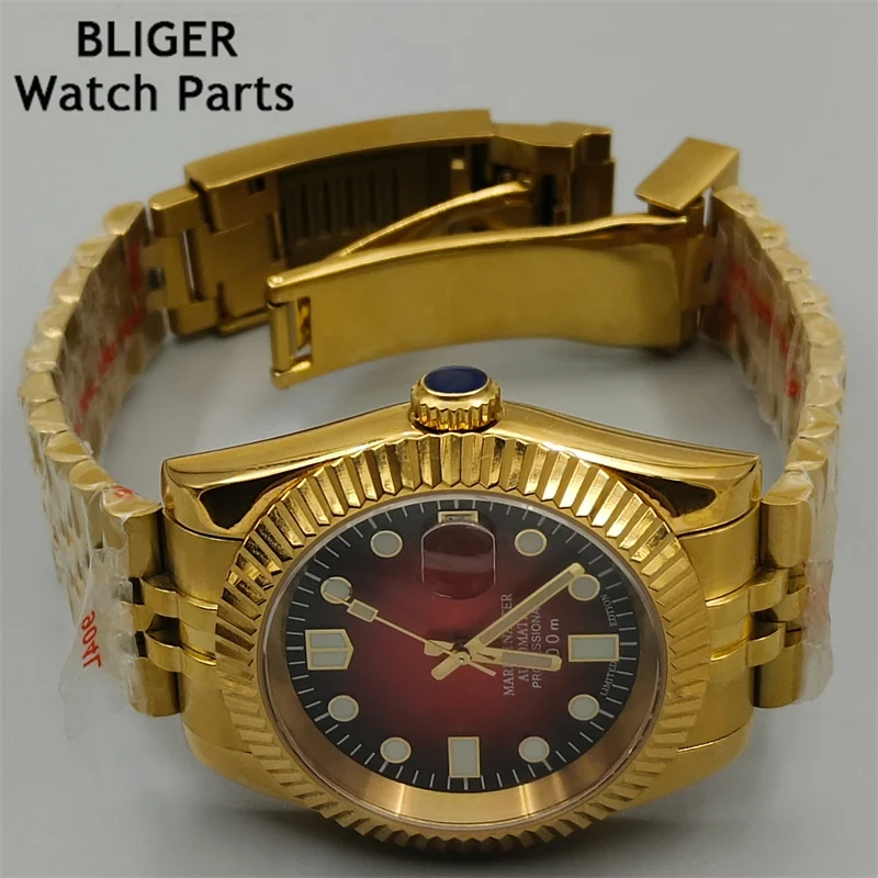 BLIGER Gold watch  Bezel NH35A 36MM/39MM Automatic Men Watch Palm Dial red Index Sapphrie Crystal Jubilee Strap