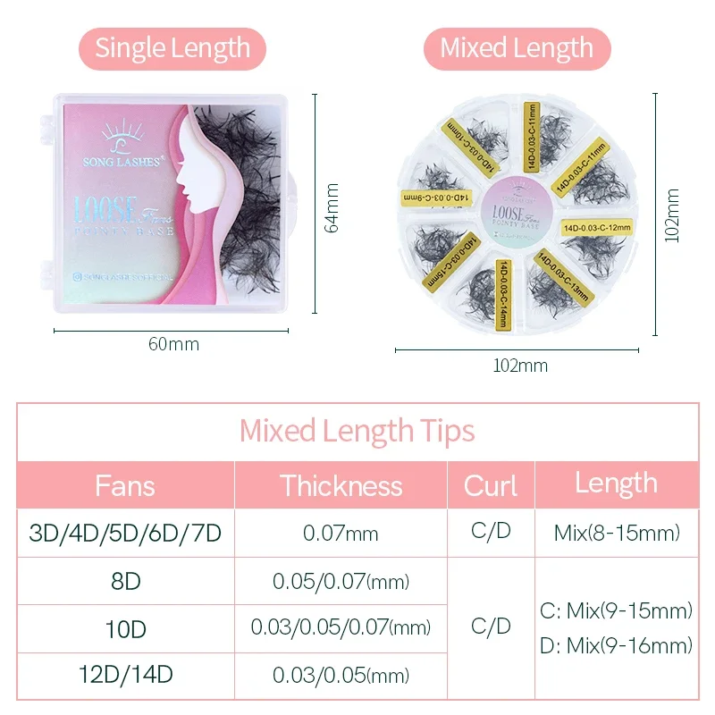 SONG LASHES 20D 16D 14D 뾰족한 베이스, 프리메이드 팬 속눈썹 연장, 느슨한 팬, 중간 줄기, 날카로운 얇은 뾰족한 베이스 속눈썹, 신제품