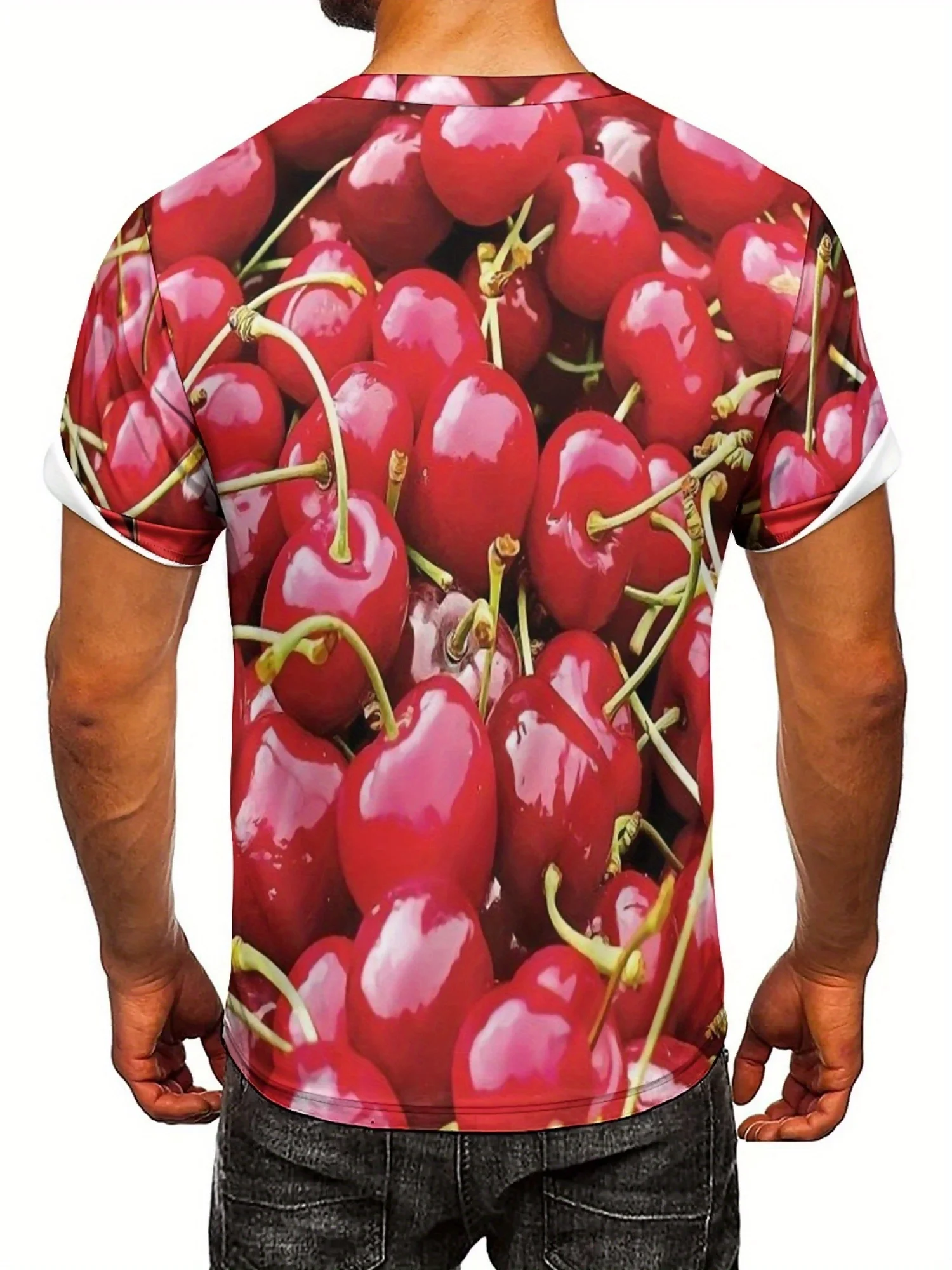 Men's 3D Print Geometric Abstract Art T-Shirt - Vibrant Red Cherry Design, High-Quality Polyester, Loose Fit Casual Streetwear