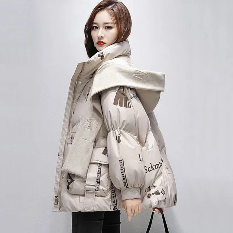 

New Womens Down Jacket Alphabet Print White Duck Down Outerwear Winter Jackets Female Casual Warm Hooded Parka Overcoat Tide