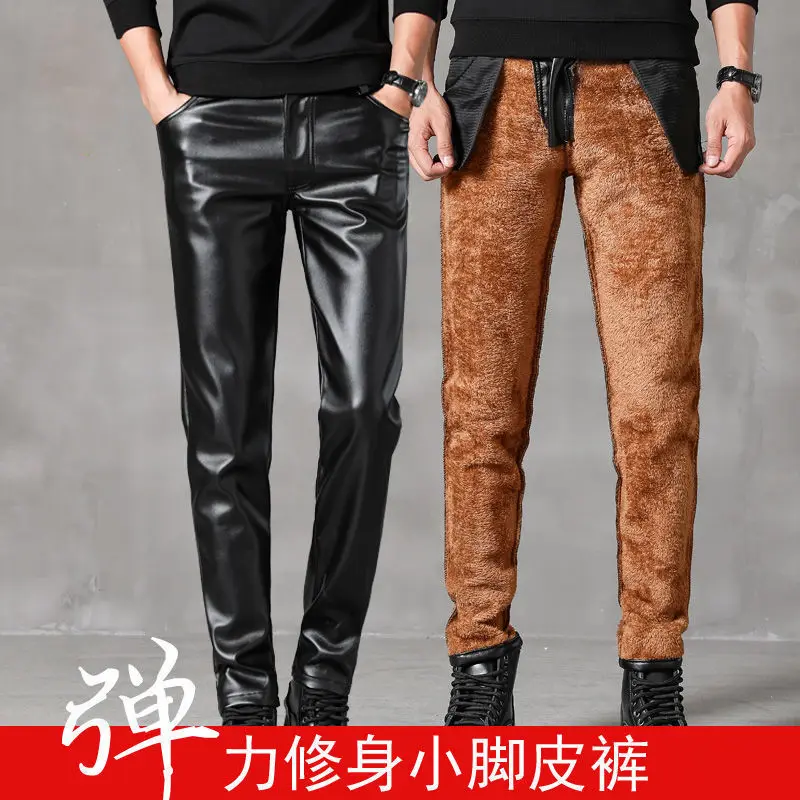 Leather Pants Men's Winter Fleece-lined Thicken Tights Riding Motorcycle Warm Waterproof Windproof