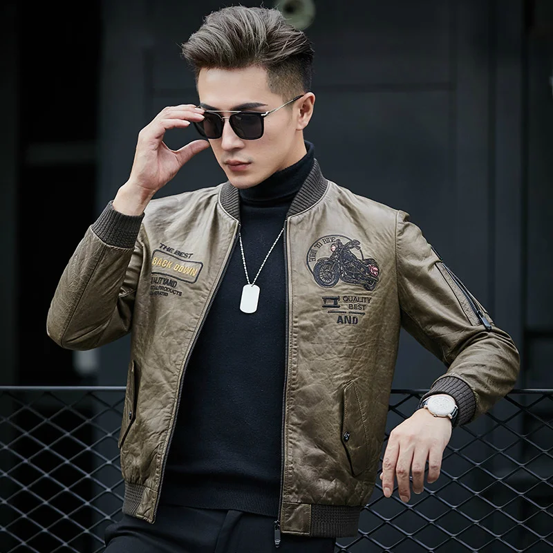 

New high quality Genuine Leather Men's Slim Jacket Sheepskin Baseball jacket men Casual embroidery bomber