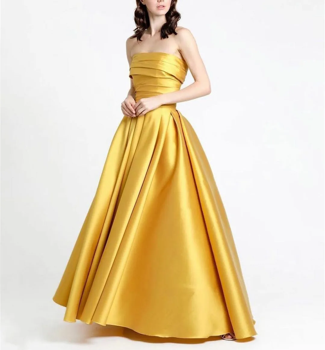 Retro Long Satin Yellow Evening Dresses with Pockets A-Line Corset Back Pleated Strapless Robes De Mariée Party Gowns For Women