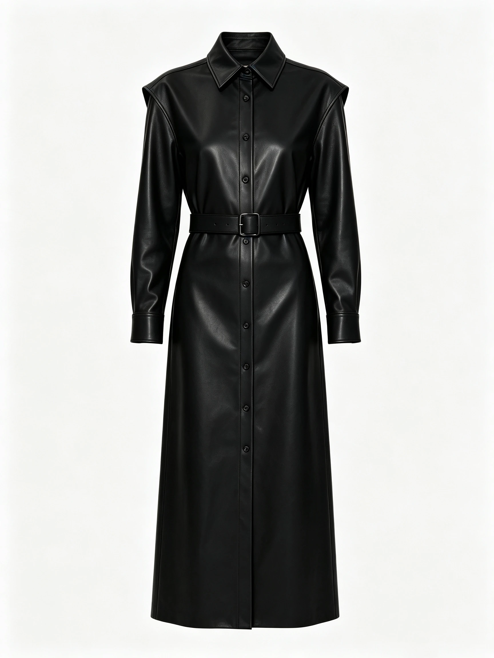 Women's Faux Leather Shirt Dress with Structured Shoulders and Belted Waist