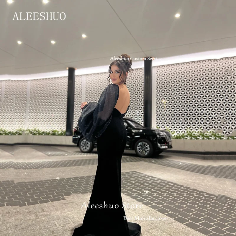 Aleeshuo Morden nero maniche lunghe sirena abito da sera pieghe colletto quadrato Backless Party Prom abiti da sera Robe soirée 2024