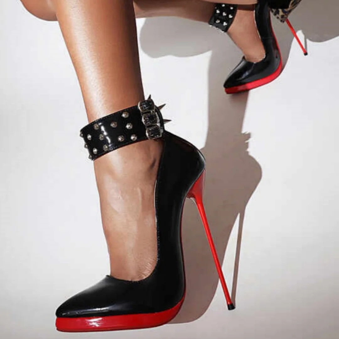Sexy Lace-Up Runway Style Studded Nightclub Party Style Women's Performance Shoes Rivets Belt Pointed-Toe 16cm Super High Heels