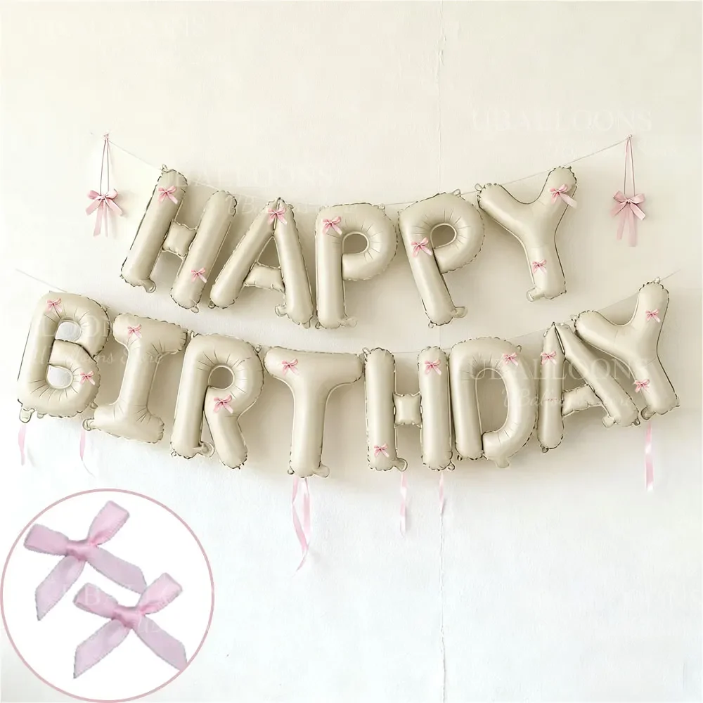 Cremefarbene Happy Birthday Luftballons mit Rosa Schleife 16 Zoll Beige Happy Birthday Buchstaben-Ballonbanner für Coquette Geburtstagsdekoration – Detail 4