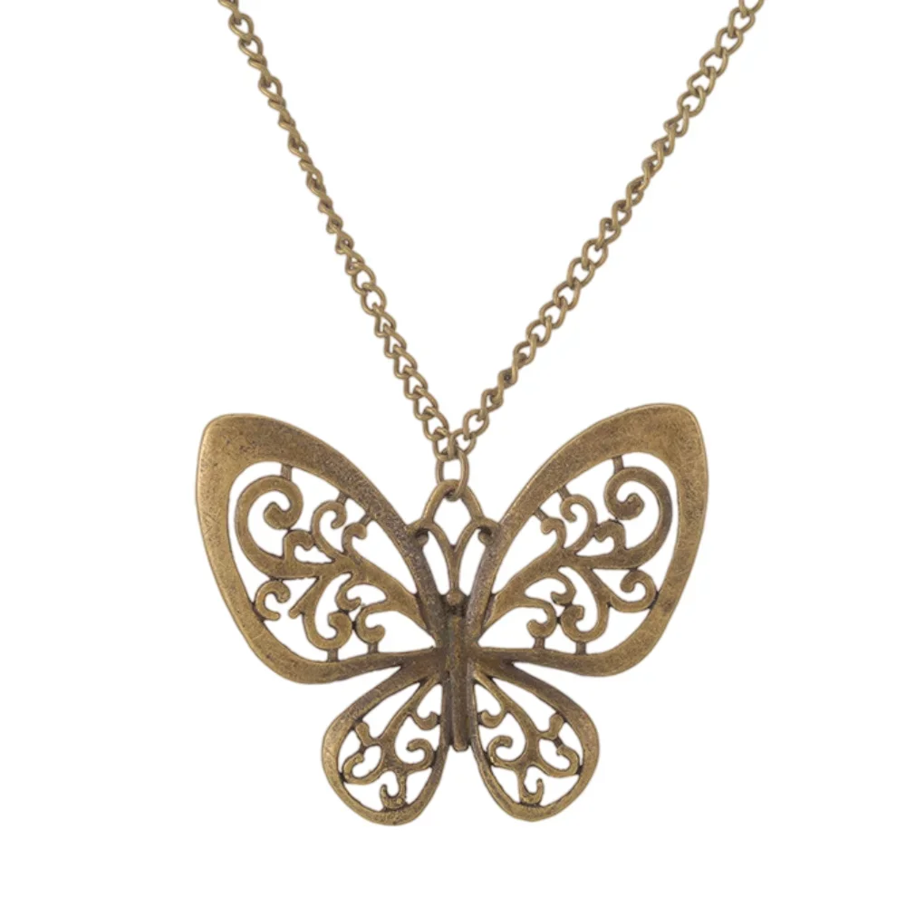omen Vintage Butterfly Necklace Antique Bronze Filigree Pendant Hollow Design Chain Necklace Retro Boho Jewelry Gifts Accessory