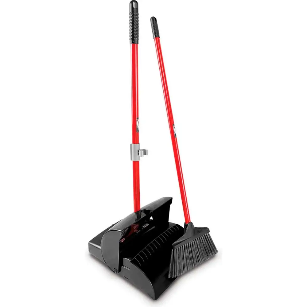 917 Lobby Dust Pan and Broom Set (Closed Lid), Black/Red (Pack of 2)