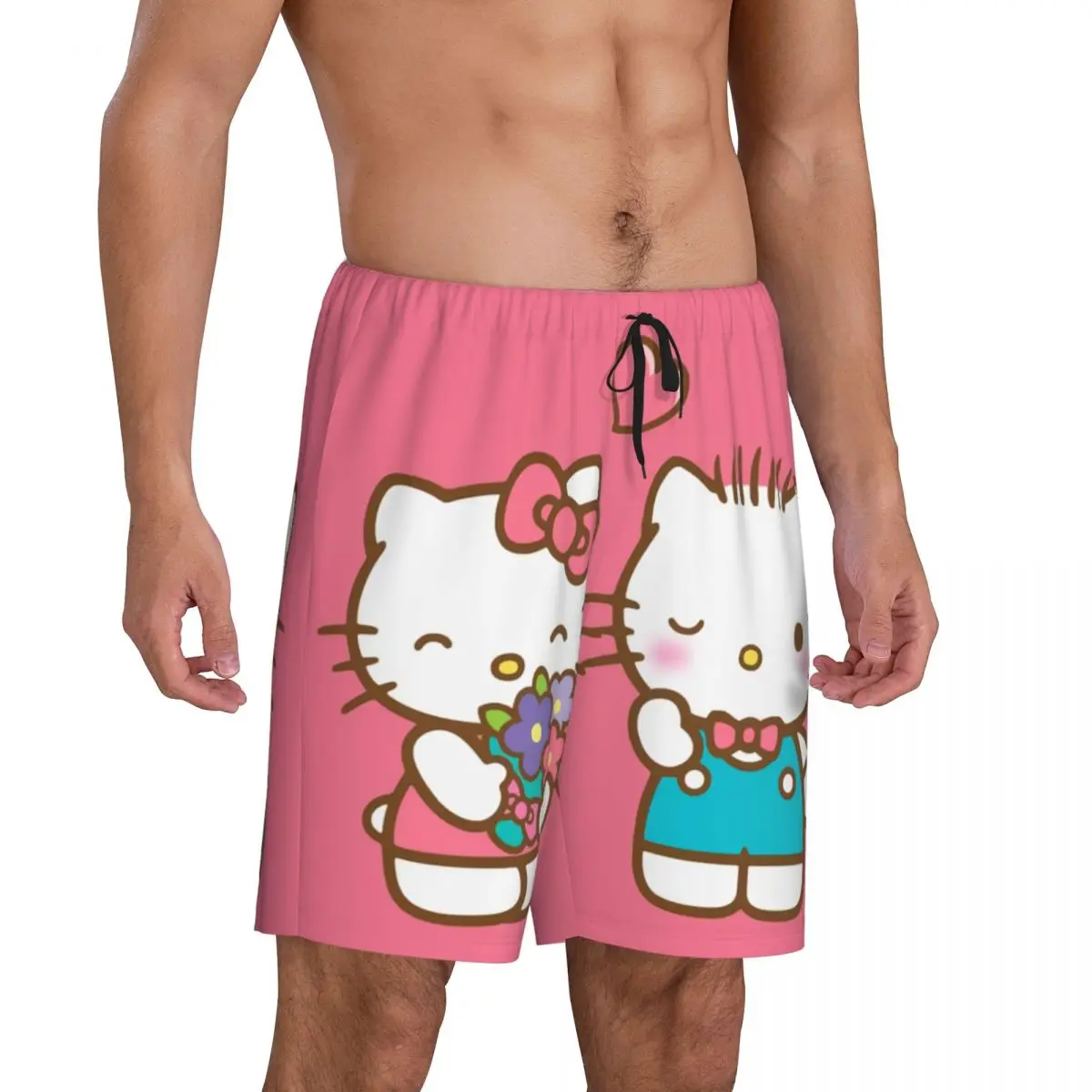 Custom Hello Kitty Cartoon Anime Pajama Bottoms for Men Lounge Sleep Shorts Drawstring Sleepwear Pjs with Pockets