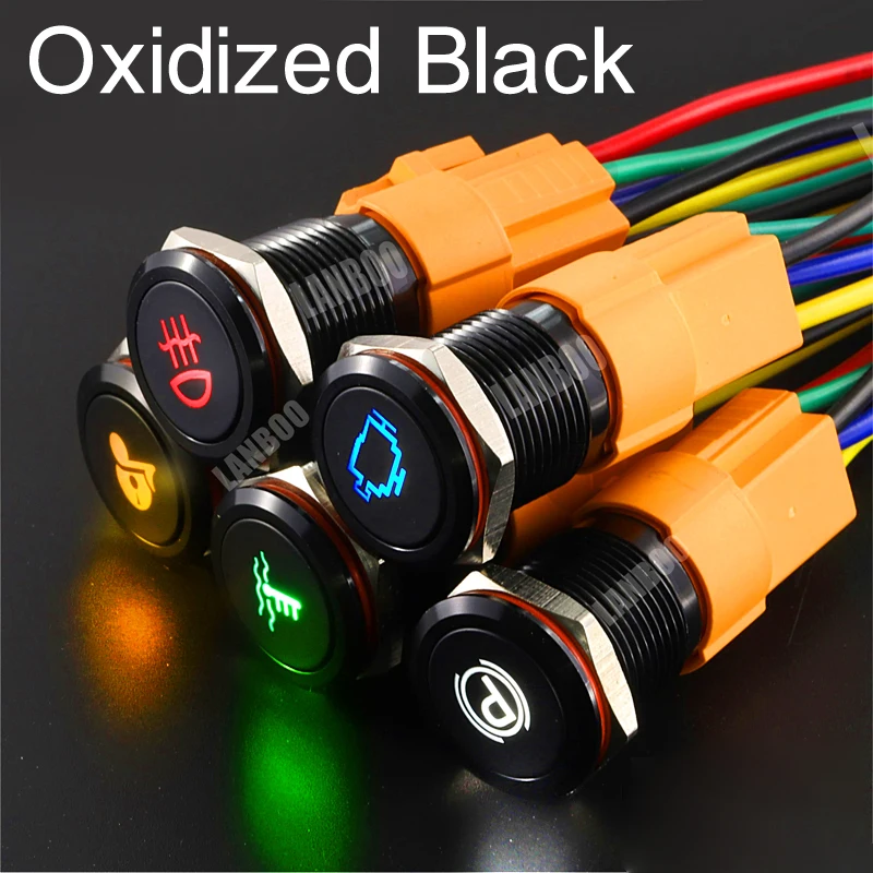 LANBOO 16 19 22MM Custom Metal Pushbutton Switch Latching or Momentary 9-24V 220V Black Silver