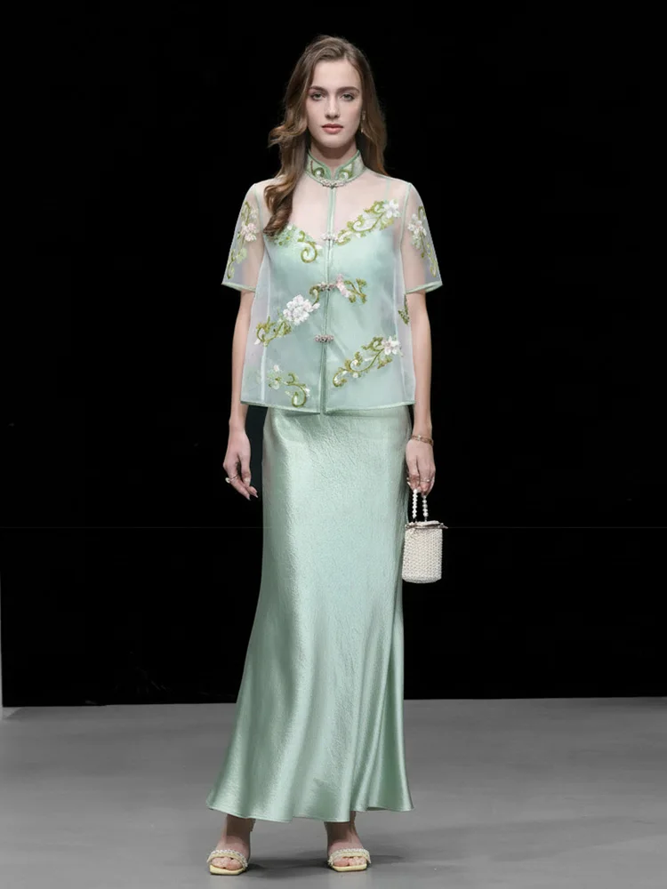 

New 2026 Summer Chinese Style Short Sleeve Embroidered Waist Cinched Satin Dress Two Piece Set Women's Fashion Clothing