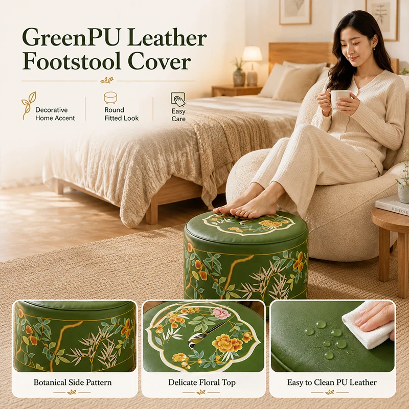 NEW Green Pouf Ottoman Footstool Cover Moroccan PU Leather Pouffe Cushion Cover-No Internal Filler- Only Unstuffed Cushion Cover