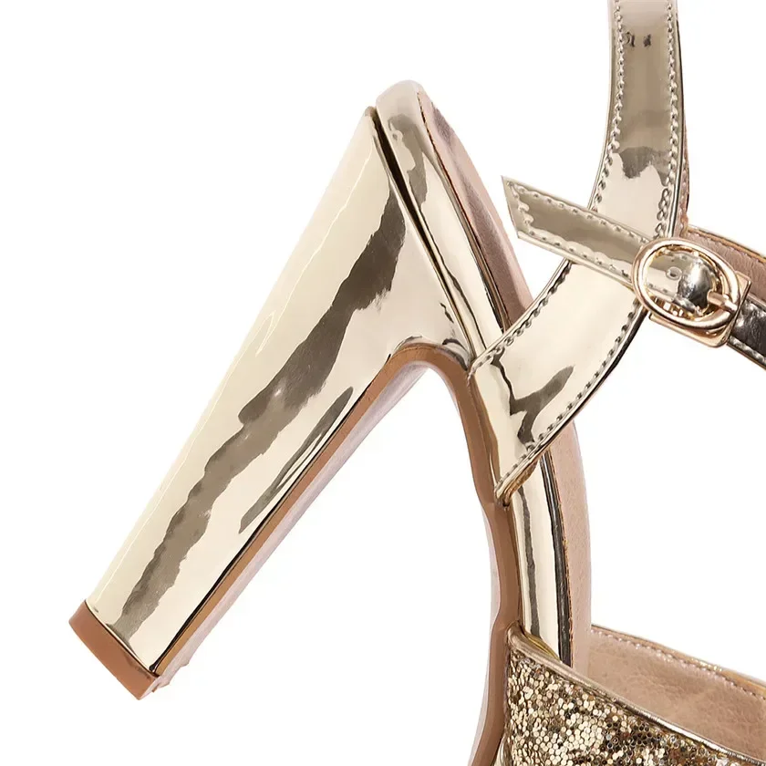 Elegant Silver Mirror PU Women Sandals Gold Sequined Cloth High Chunky Heel Wedding Party Office Lady Ankle Strap Platform Shoes - view 5