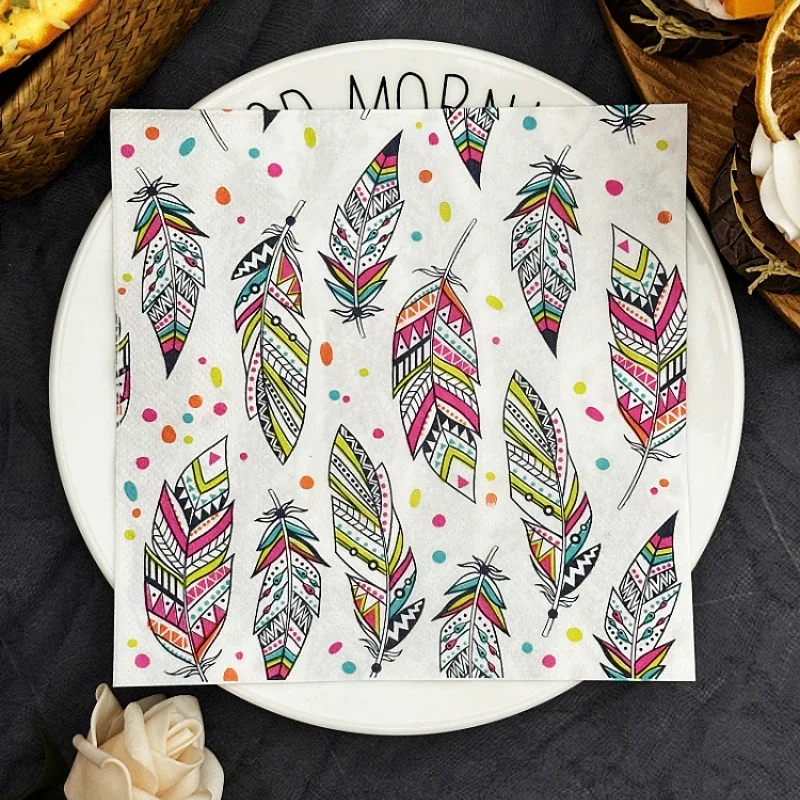 20 قطعة 33 سنتيمتر 2 طبقة جديد النمط الهندي ريشة المناديل الملونة ريشة كؤوس مشروبات زهرة ورقة الديكور DIY Decoupage ورقة