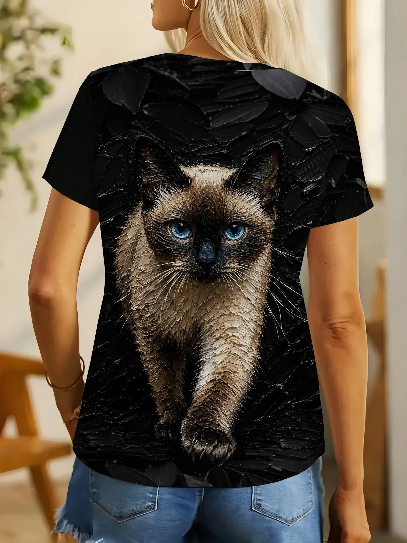 Women Crew Neck Short Sleeve T‑shirt Realistic Siamese Cat 3D Effect Animal Print Summer Casual Black Top