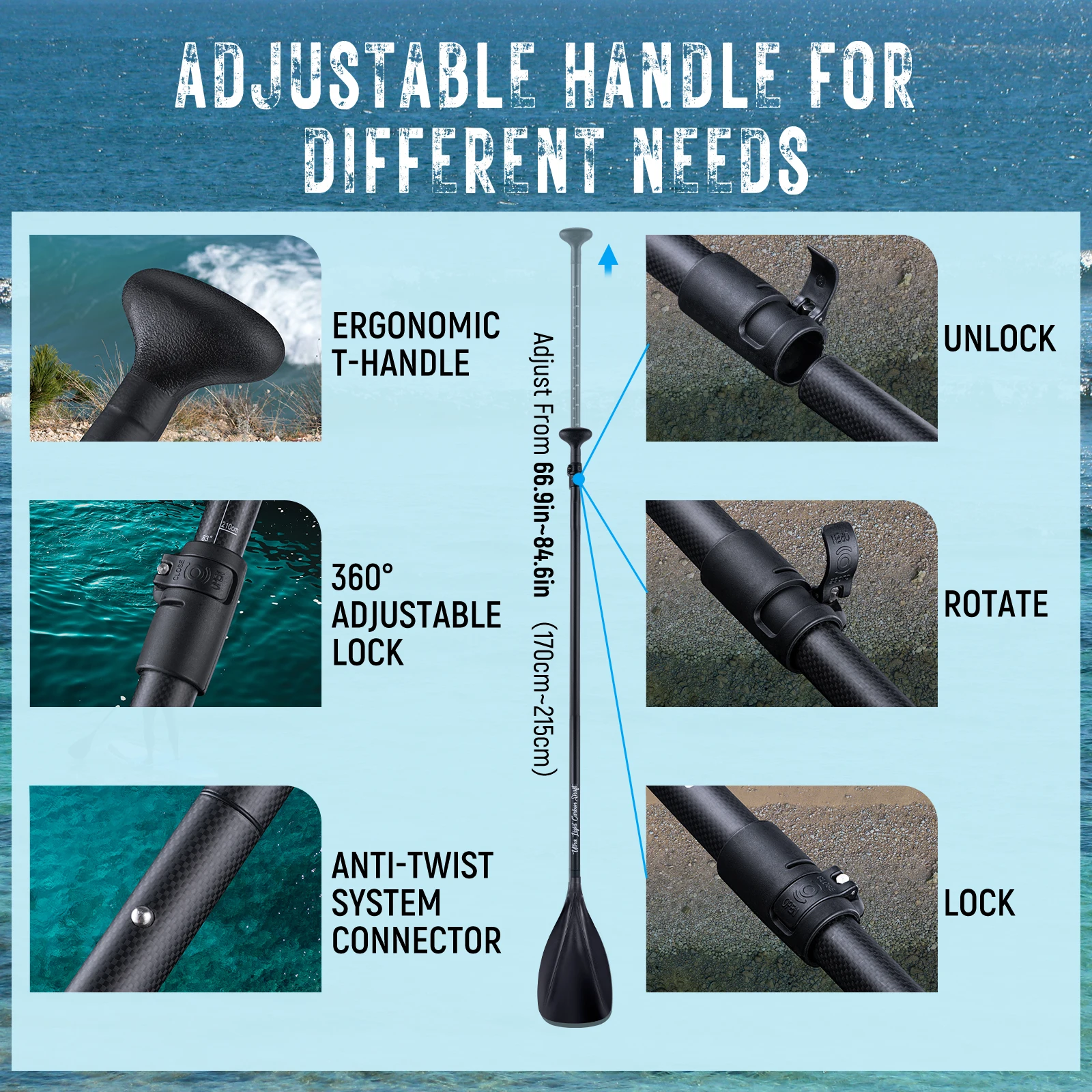 Goture Full Carbon Handle Paddle Adjustable 3 Section Canoe Paddle for Boat Surfing Tool