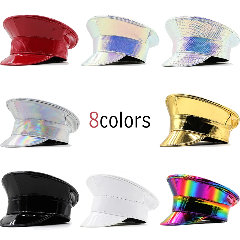 Women Men Patent Leather Military Hat Germany Officer Visor Cap Army Hat Cortical Police Cap Prom Performance Party Singer Hat