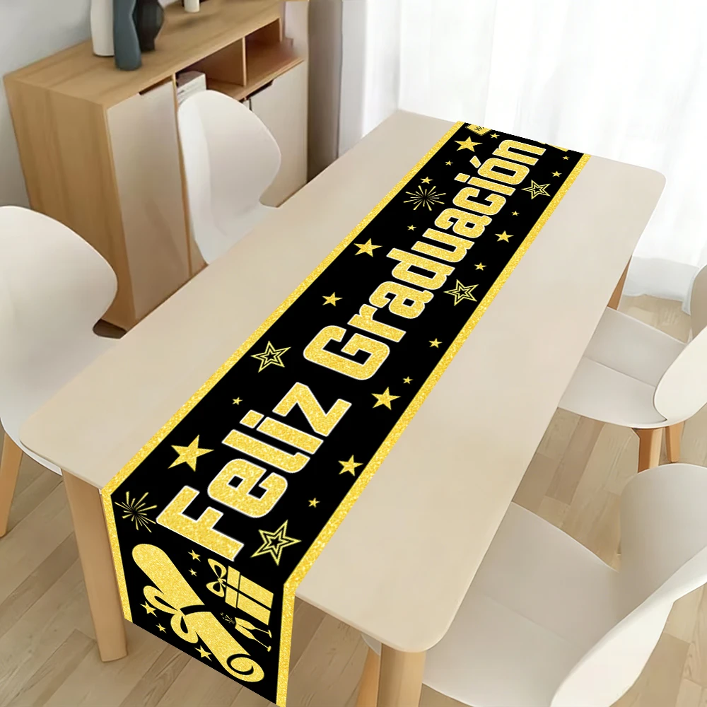 1 Stück Polyester-Tischläufer Schwarz-Gold Glitzer-Stil Feliz Graduacion Aufdruck Tischläufer für Spanische Abschlussfeier Tischdekoration