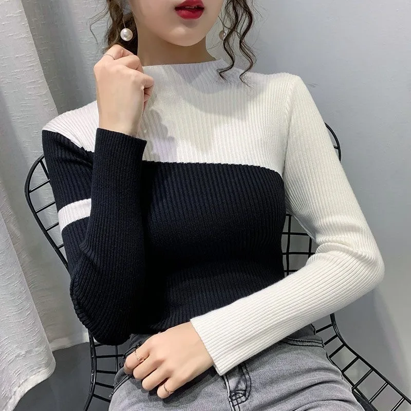 

Fdfklak Autumn Winter Women Patchwork Slim Y2k Half-high Collar Sweater Pull Fashion Knitwears Pullovers Clothing Jumper Blouse