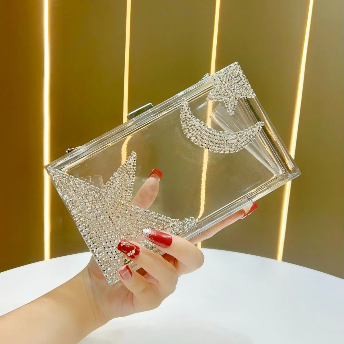 

Clear Acrylic Box Evening Clutch Bags Women Rhinestone Diamonds Star Moon Transparent Bag Wedding Party Chain Handbags Purse