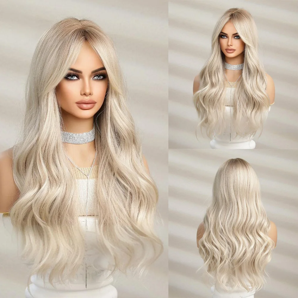 Women Long Loose Wavy Synthetic Wig Middle Part Heat Resistant Fiber Natural Hairline Full Head Wig For Daily Wear Party Cosplay