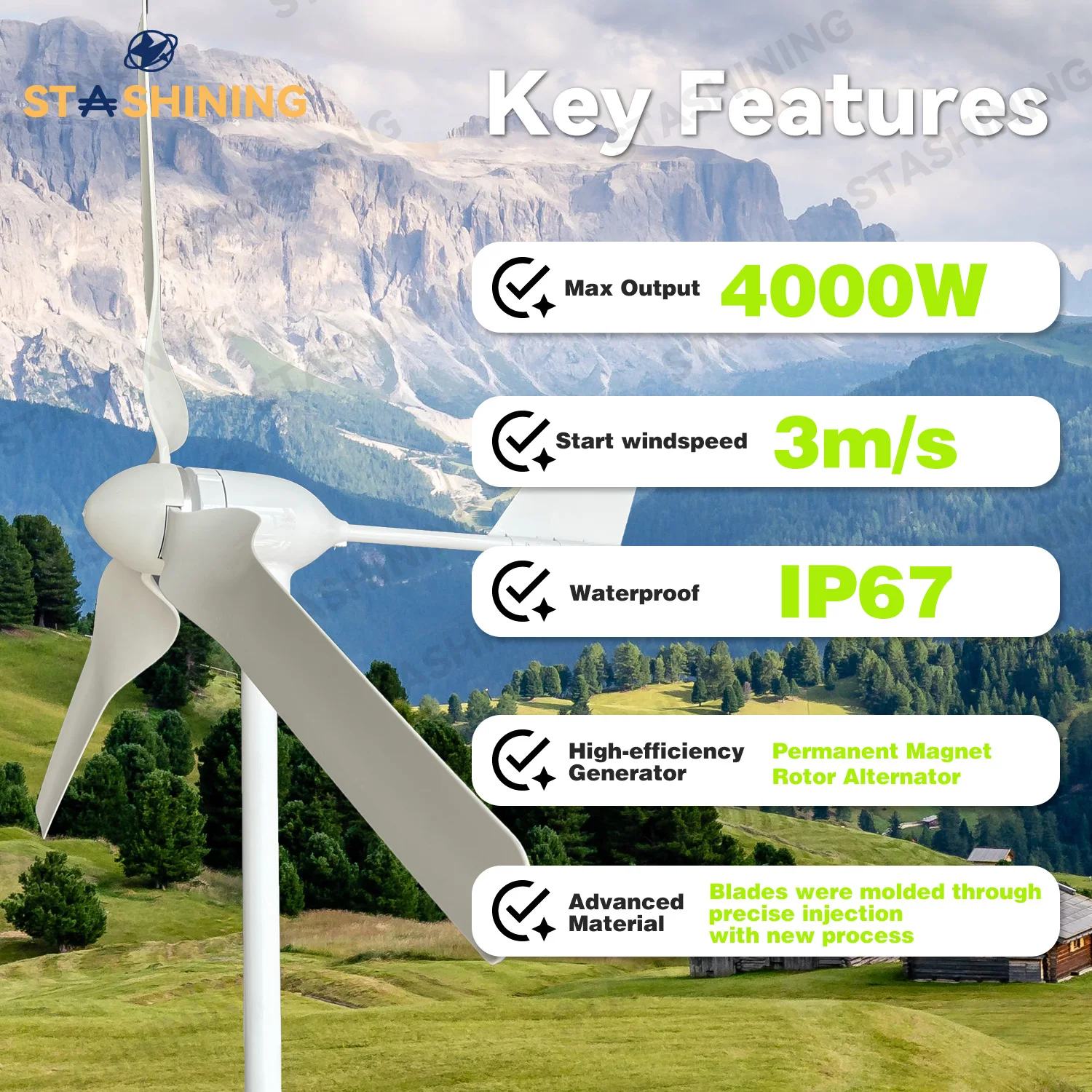 【Higher-Output】Horizontal Wind Turbine Generator 4000W Windmill w/MPPT Charger/Hybrid Solar Wind Power System, Home Use 3 Blades