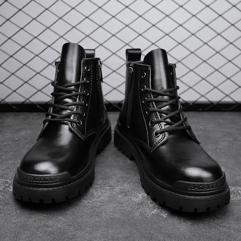 

Черные зимние мужские высокие молодежные модные ботинки на толстой подошве, высококачественные противоскользящие простые мотоциклетные ботинки на шнуровке с боковой молнией