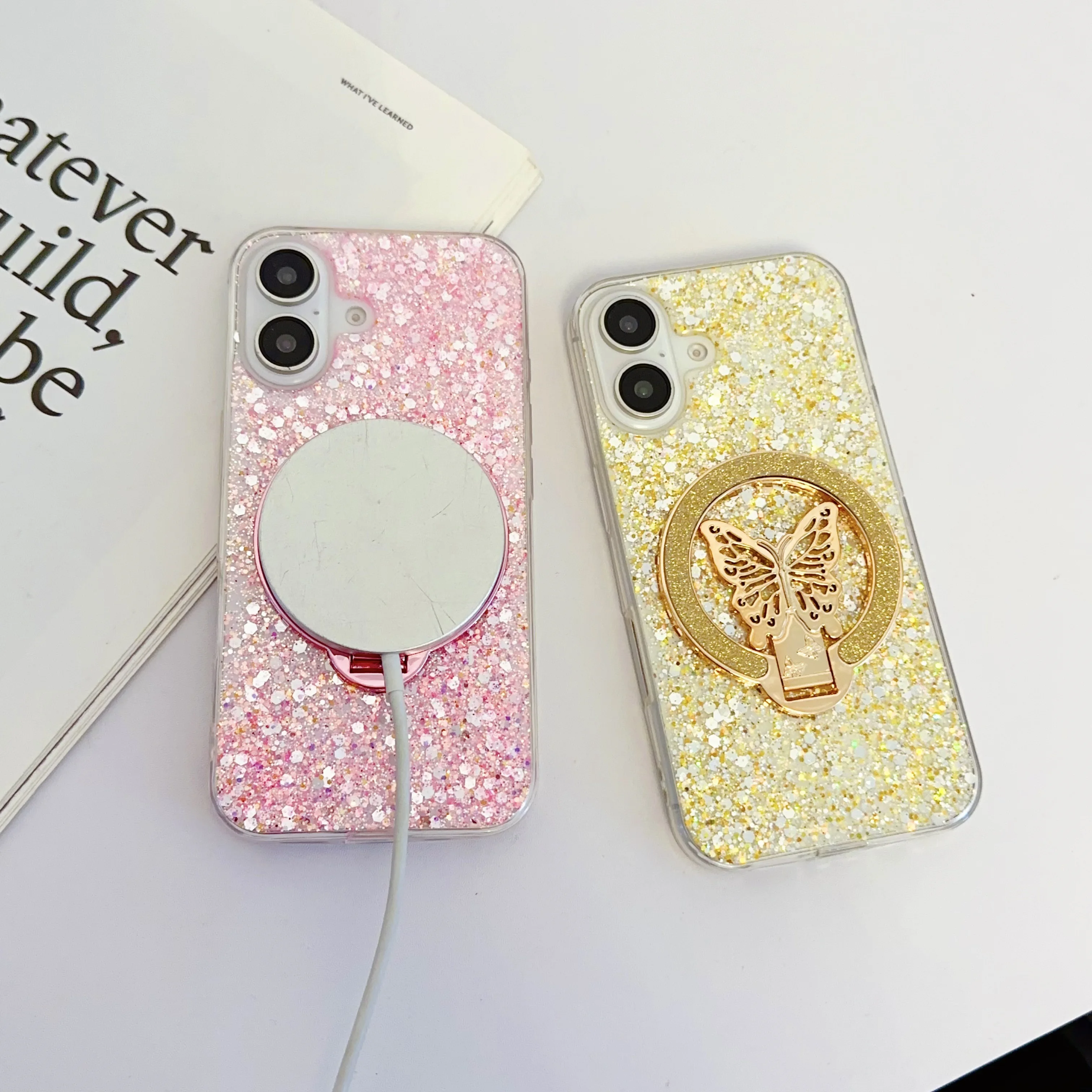 Luxury Cute Butterfly Bling Glitter Phone Case For iPhone 16 15 14 13 12 11 Pro Max Xs Plus Wireless Charging Ring Holder Cover