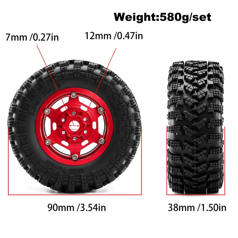 1.9 inch 90*38mm Metal RC Crawler Beadlock Wheels Rim and Tires Set for 1/12 MJX H12P H12Y 1/10 Traxxas TRX4 TRX6 Axial SCX10