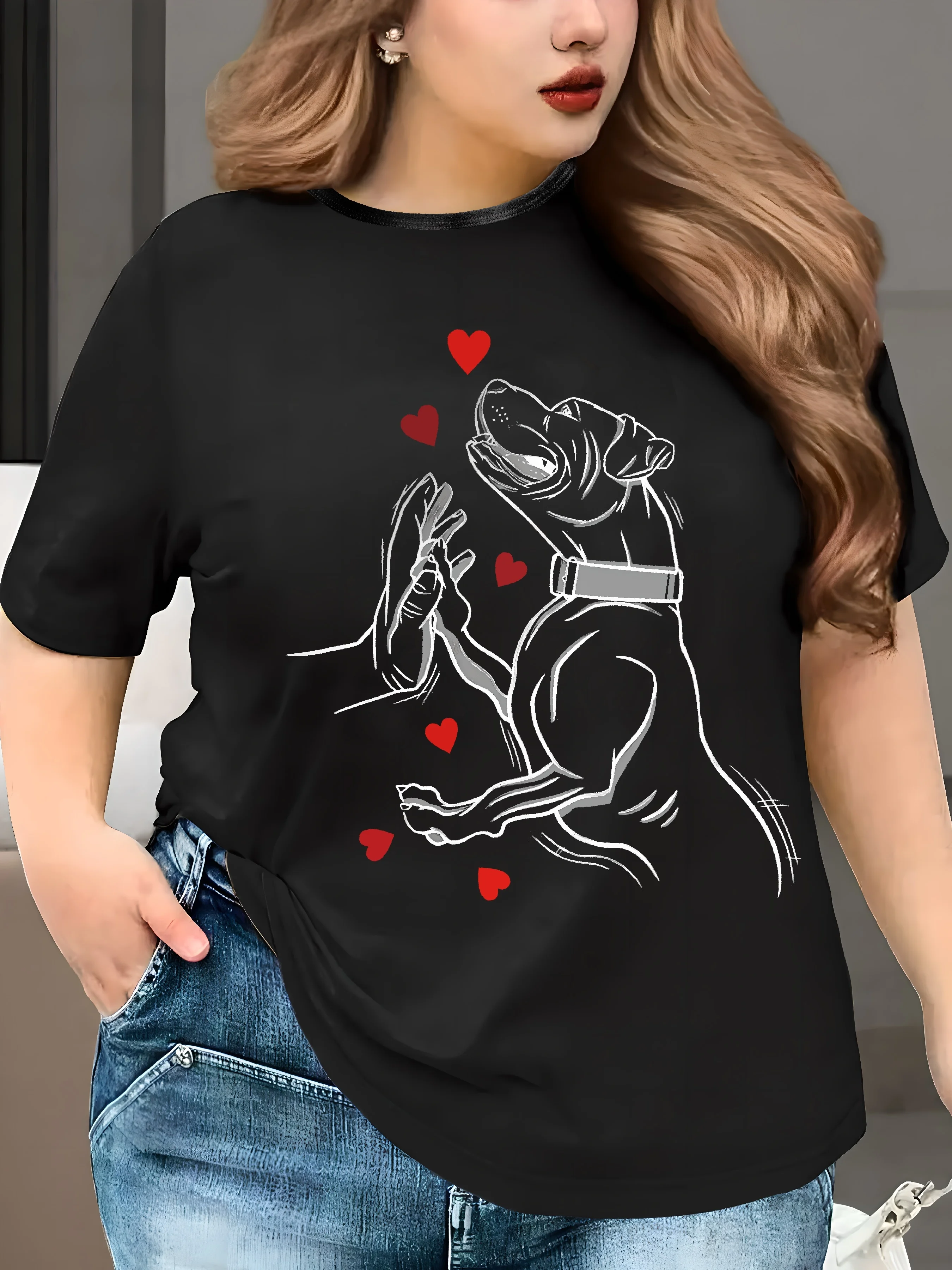 

Plus - Size Women's Black Short - Sleeve T - shirt, Human & Dog High - five Print, Warm & Pet - loving