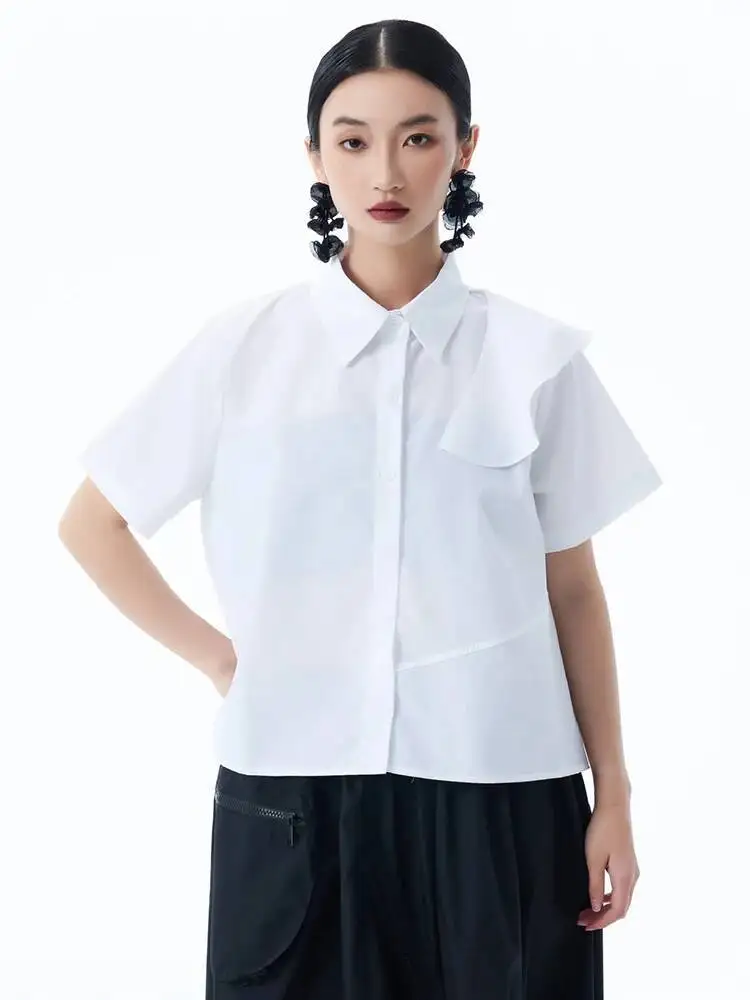 

Women Blue Irregular Ruffles Big Size Elegant Blouse New Lapel Short Sleeve Shirt Fashion Tide Spring Summer
