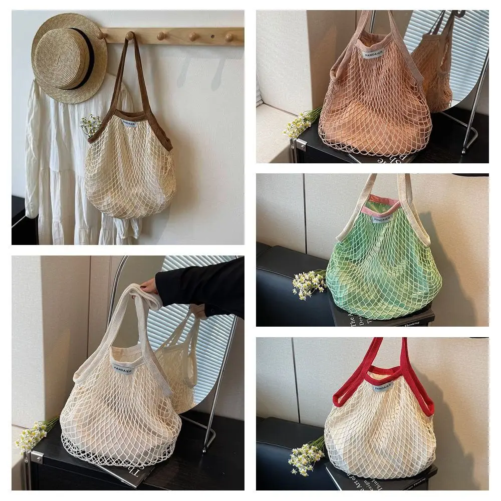 폴리에스터 중공 직조 숄더백 대용량 포켓 메쉬 핸드백 한국 스타일 엣지 커버링 여름 비치 토트백