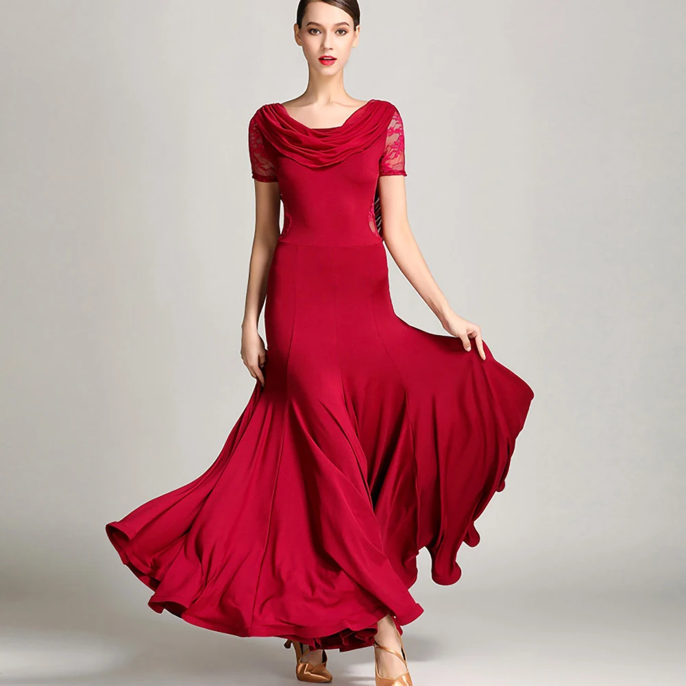 

Fashion Waltz Ballroom Red Contact Dress Competition Black Lace Standard Ballroom Dance Peacock Blue Wine Red Ballroom Dance