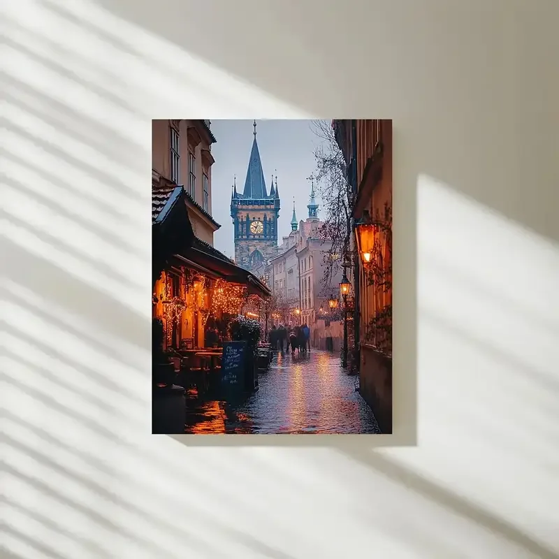 [2D Flat] 1pc Old Prague Cityscape Canvas Painting - Vintage Czech Republic Wall Art with Recycled No Frame, Textured Surface view 3