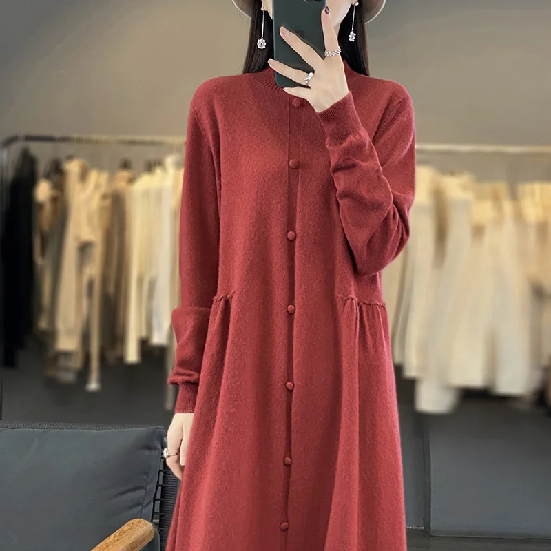 Women Dresses 100% Cashmere and Wool Knitted Jumpers Long Oneck 2023 Winter/ Autumn Female Dress Woolen Knitting Clothes NJ01