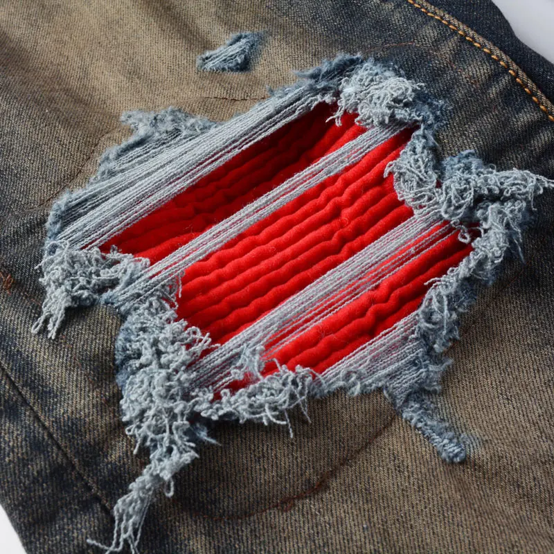 High Street Fashion Men Jeans Retro Black Blue Stretch Skinny Fit Ripped Jeans Men Red Patched Designer Hip Hop Brand Pants