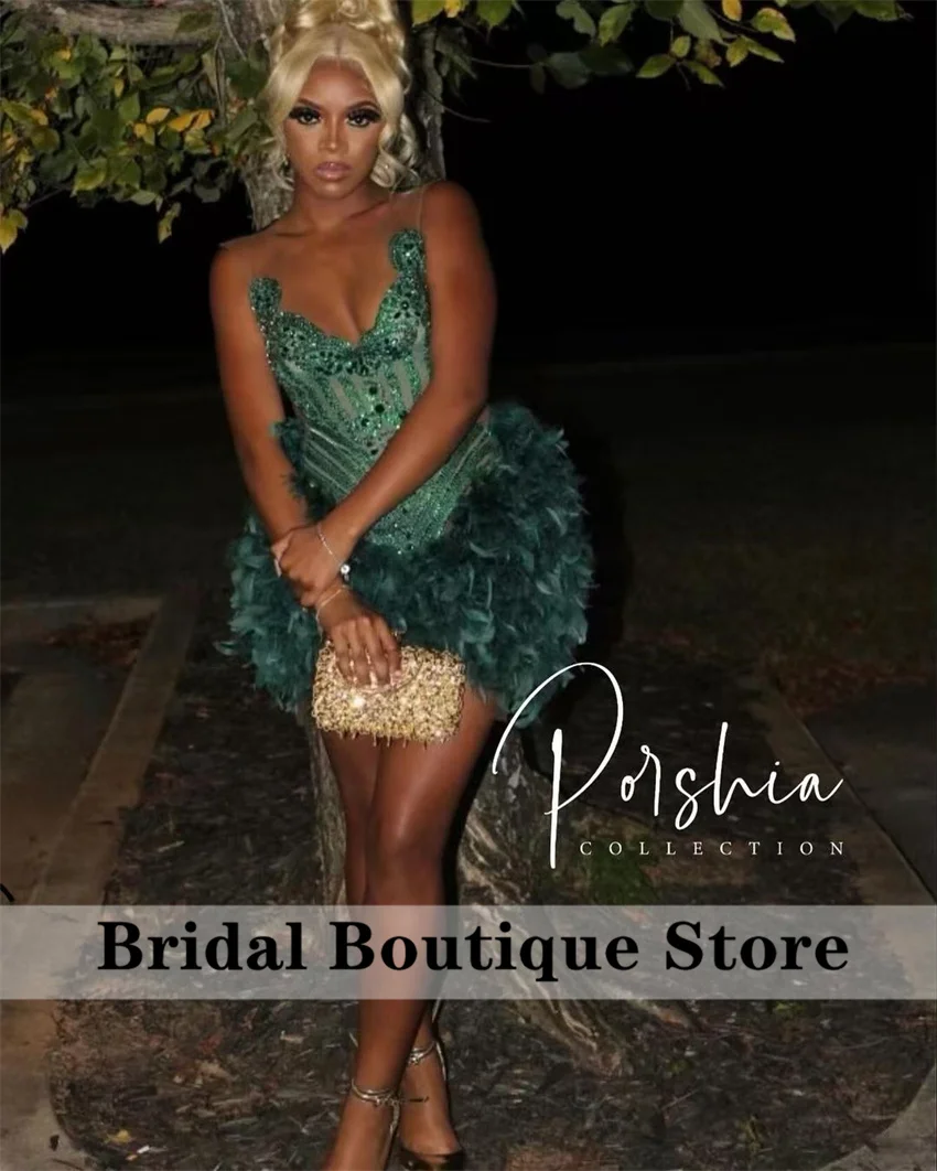 Sparkly Green Short Prom Dress 2024 Glitter Bead Crystal Rhinestones Feathers Cocktail Birthday Party Gown Homecoming Customized