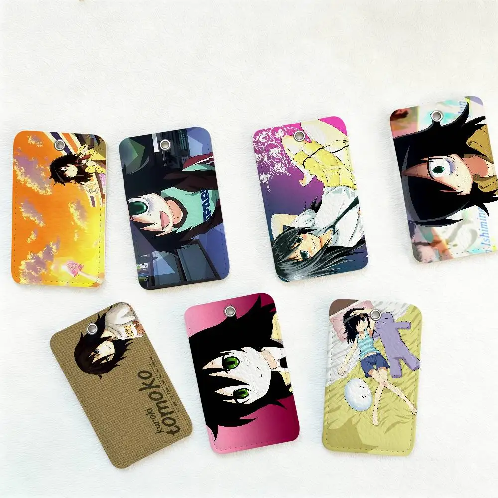 Anime W-Watamote Kuroki Tomoko Rectangle ID Card Case Keychain Access Card Bag Key Tag Ring Leather Card Holder Key Ring Access