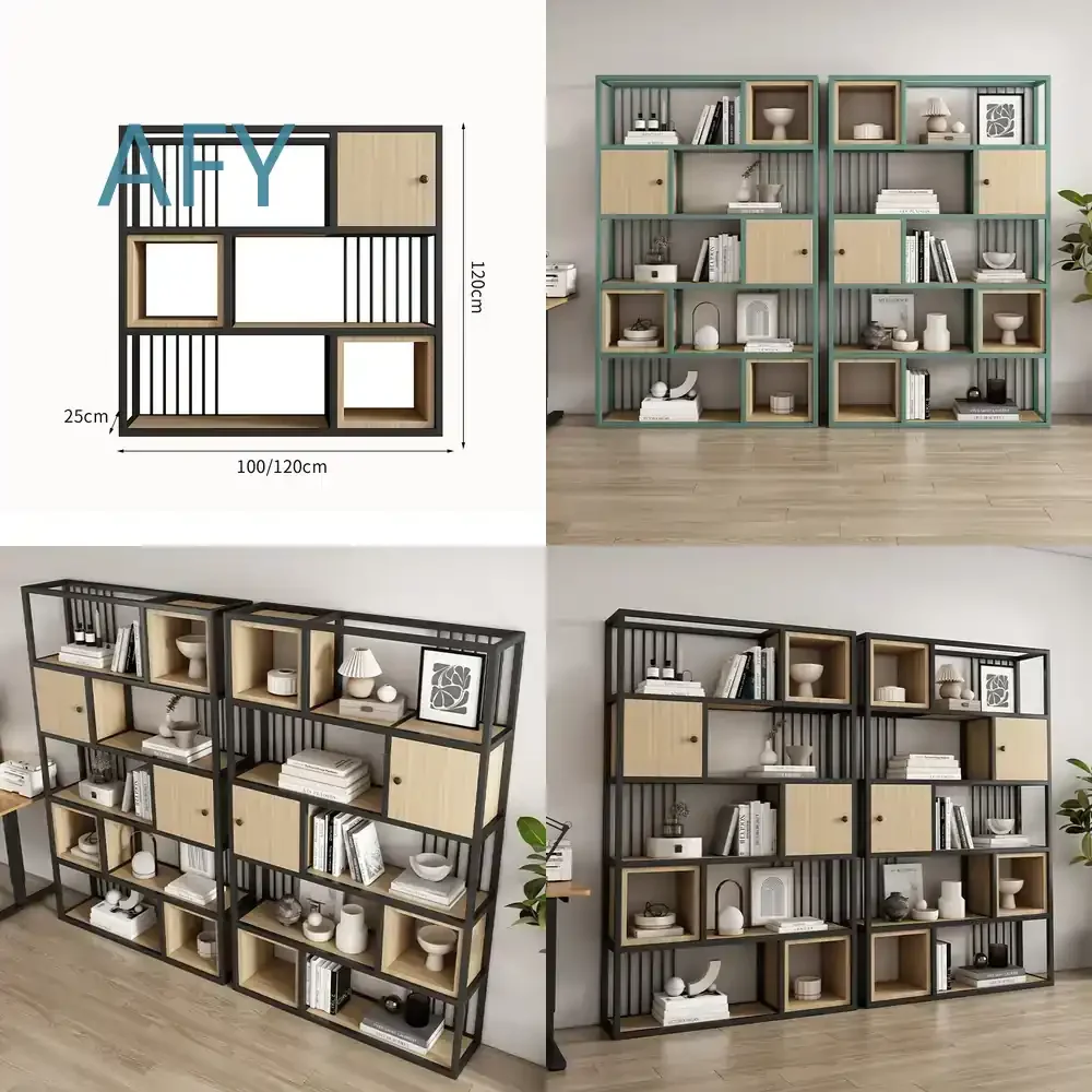 Simple Solid Wood Bookshelf for Living Room Multi-Layer Floor Display Shelf Bookcase Wrought Iron Storage Rack for Home