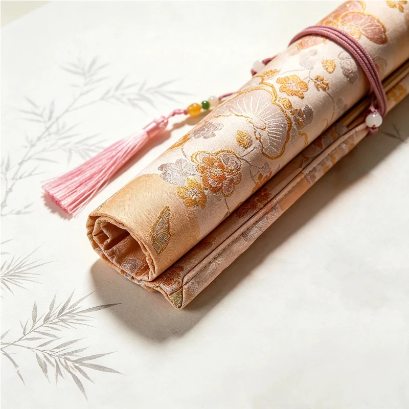 Picture 6: Bamboo Brocade Satin Retro Ventilated Calligraphy Brush Roll Curtain Large Capacity Chinese Painting Ink Brush Storage Organizer