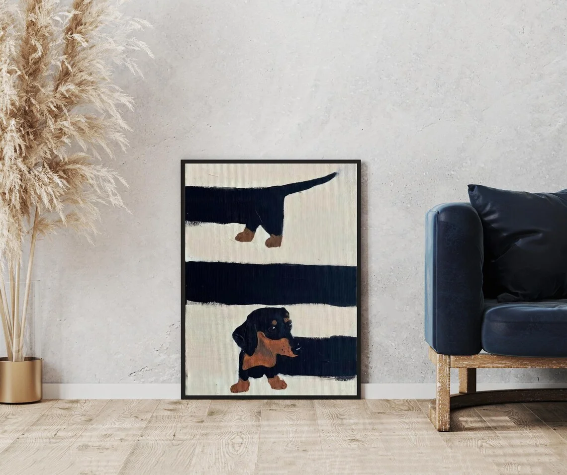 Playful Mid-Century Dog Wall Art - Textured Impasto Print of Curious Dachshunds, Blending Clean Geometric Lines with Warm Earth