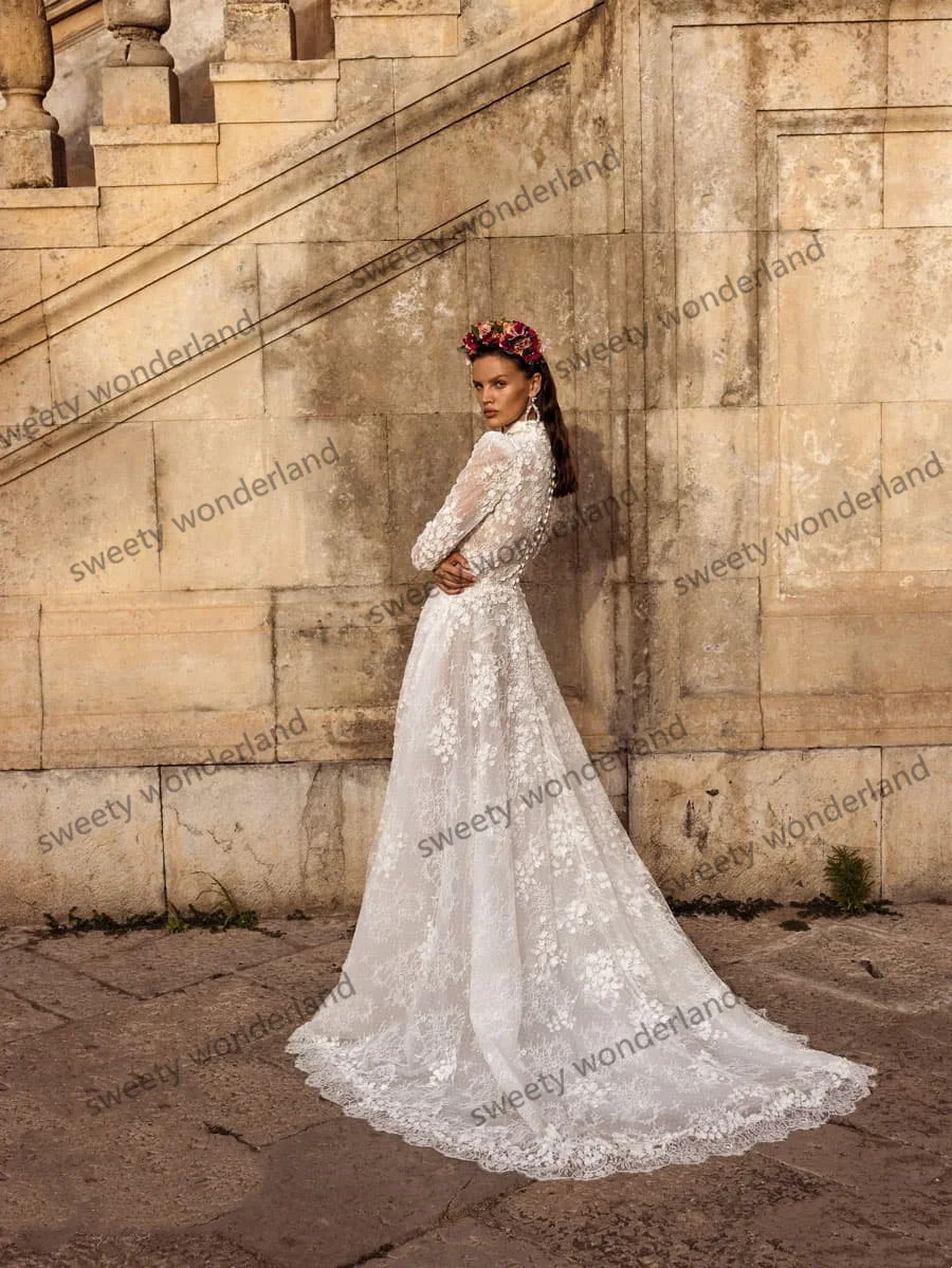 Full Lace Vintage Wedding Dresses Buttons Back Long Sleeve Bridal Maxi Gown vestido de novia Custom Made